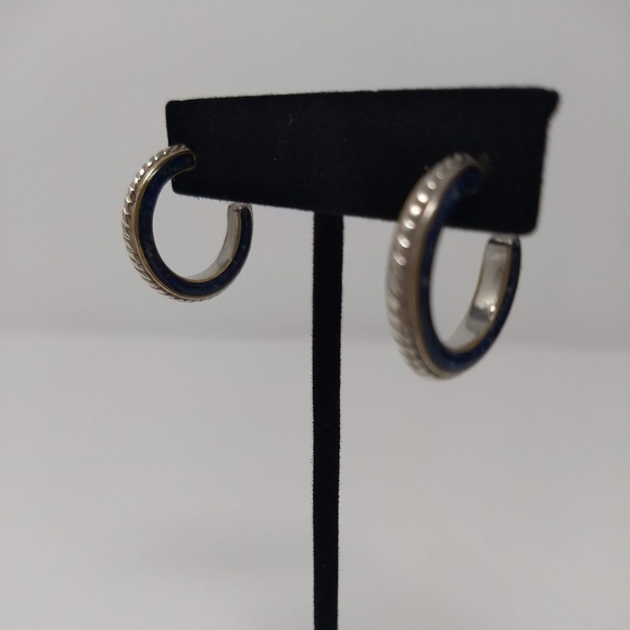 STERLING SILVER/LAPIS INLAY POST HOOP EARRINGS - Picture 2 of 8